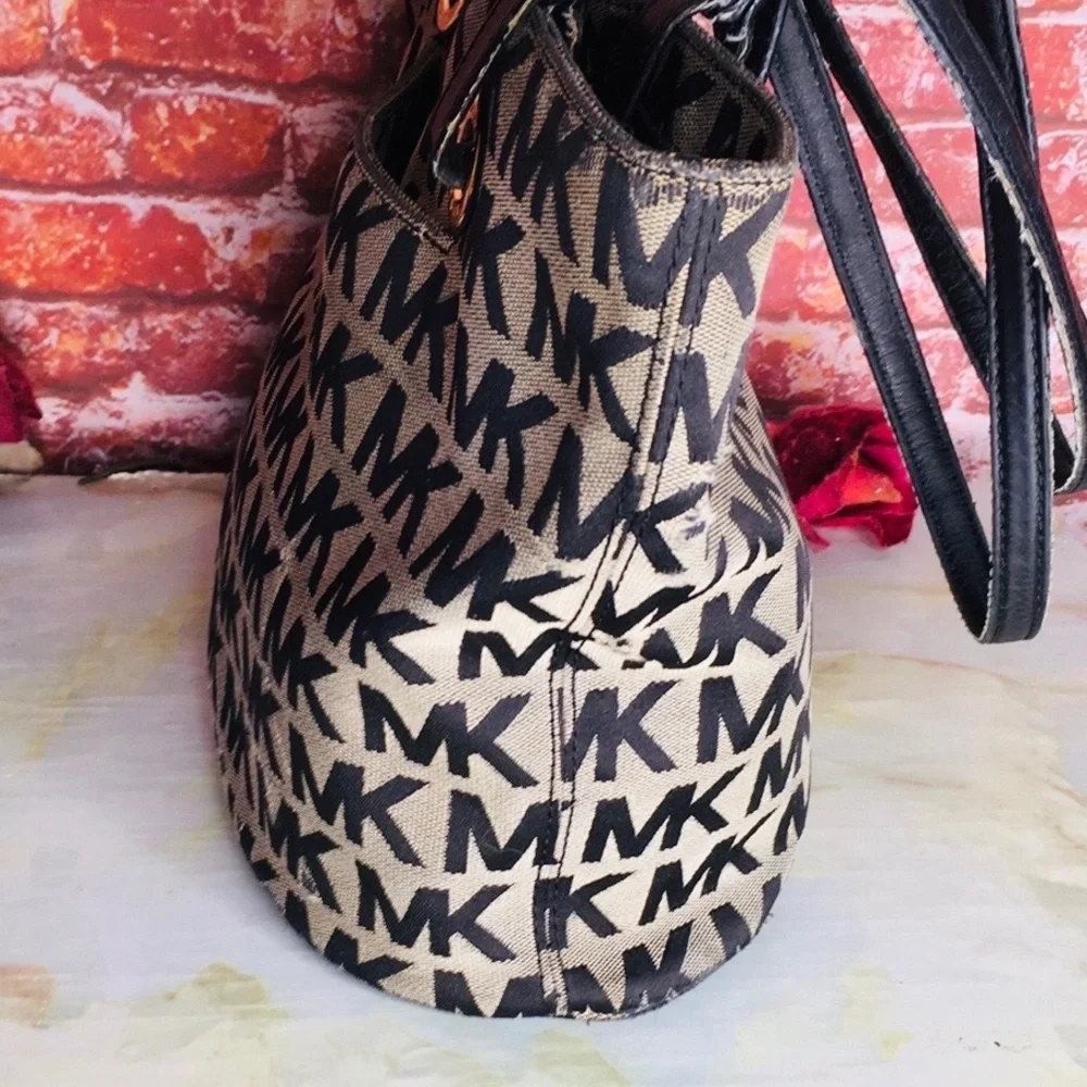 Michael Kors Black and Tan Canvas and LeatherJet Set Signature Logo Tote